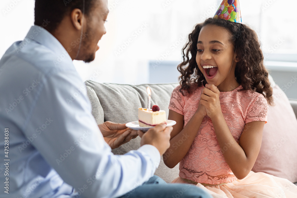 Sticker surprised black girl looking at cake in father hands