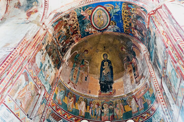 Mosaic and mural in the apse depicting Theotokos, Archangels Michael and Gabriel, Arc de Triomphe in Church of Virgin the Blessed of Gelati monastery, Georgia