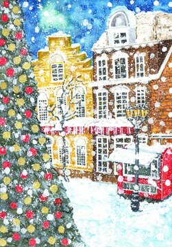 watercolor christmas market. a city street with houses, cafes, stalls and a large Christmas tree decorated with Christmas toys in a snowfall. new year  greeting card