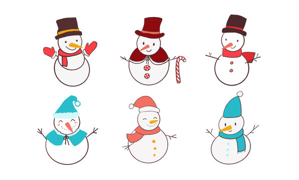 Set of isolated hand drawn cute smiling snowmen.