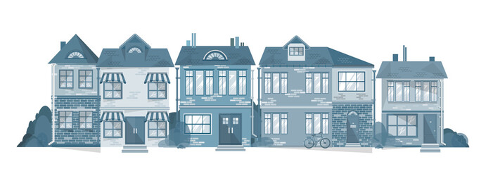 A fragment of a street with two-storey cottages in the suburbs. Vector illustration in blue tones