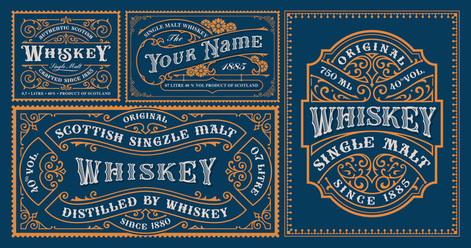 A set of vintage alcohol label templates for packaging and many other uses.