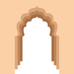 Arched entrance to the Indian Palace, flat illustration in beige and brown colors, isolated on white background
