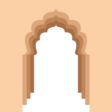 Arched entrance to the Indian Palace, flat illustration in beige and brown colors, isolated on white background
