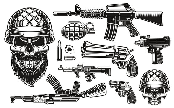A vector illustration of a soldier skull with different weapons such as m16 rifle, ak47, revolvers, and others, these vector illustrations can be used as t-shirt prints.