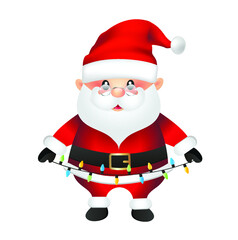 Santa Claus cartoon vector illustration isolated. Santa holding lights vector.