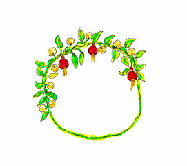 Hand drawn sketch. Wreath with tangerines and red lanterns. Frame. Copy space. Isolated on white.