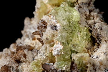 Macro stone Hyalite mineral, tourmaline Sherl, smoky quartz on a black background