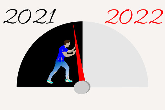 Man is pushing the indicator arrow for starting to the new year 2022, with a metaphor of difficult past year. Newyear concept