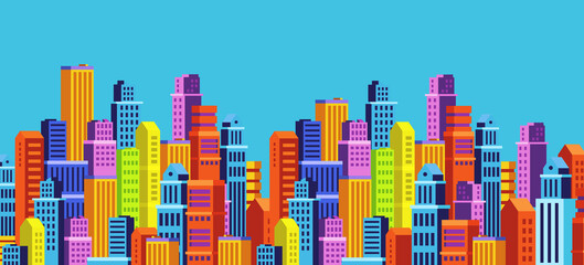Vector horizontal illustration of bright cityscape on blue color sky background. Flat isometric style design of panorama of colorful city street