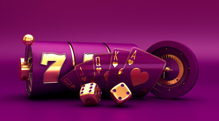 casino betting gambling mix slot machine roulette set card soccer football basketball balls banner 3d render 3d rendering illustration 