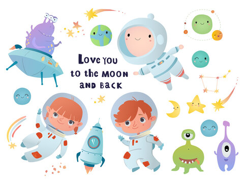 Holiday card design. Baby shower. Little astronauts, boy and girl, floating around in open space, among stars, planets, funny monsters and comets.