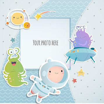 Holiday card design. Baby shower. A little astronaut floating around in open space, among stars, planets, funny monsters and comets.