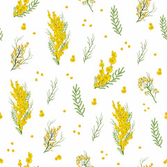 realistic seamless pattern with yellow mimosa flower, grass.  a hand-drawn botanical pattern in a minimalist style. spring art wallpaper for print, paper. vector art  illustration. - obrazy, fototapety, plakaty