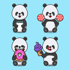 Set of cute panda cartoon flat illustrations