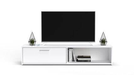 3d render stand isolated white background with black Tv, modern interior
