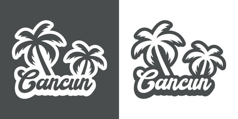 Fototapeta na wymiar Destino de vacaciones. Logotipo con texto Cancun con palmeras con sombra en fondo gris y fondo blanco