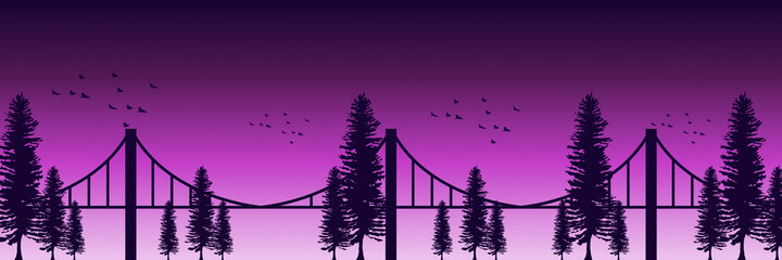 dawn bridge silhouette vector illustration good for web banner, blog banner, wallpaper, background template, adventure design, tourism poster design, backdrop design