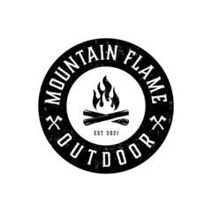 Vintage logo, print apparel design, vector illustration of emblem, patch, badge with campfire, fire, flame mountain trip. Adventure, travel, summer camping, outdoor, natural, journey concept.
