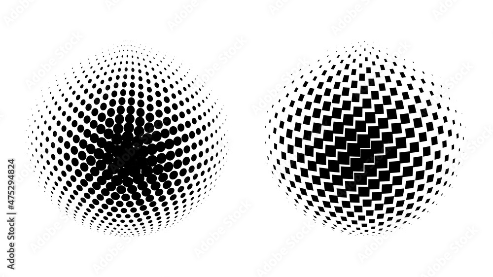 Poster set of vector halftone spheres. dotted circles with black and white gradient. pattern design element