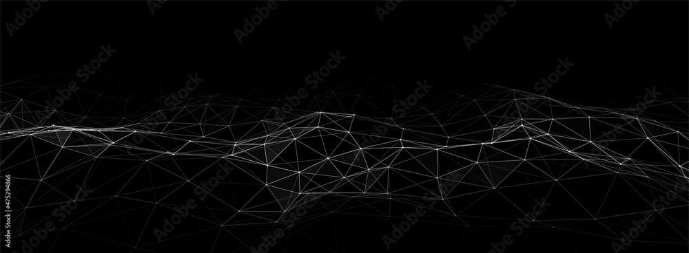 Fototapete Abstract technology wave of particles. Big data visualization. Vector background with motion dots and lines. Artificial intelligence.