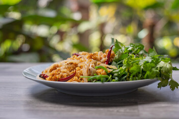 pork, shredded and salted with vegetable on dish, thai food
