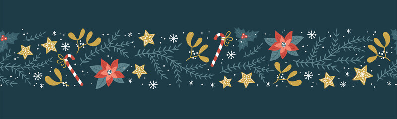 Naklejka premium Lovely hand drawn seamless christmas pattern with branches and decoration, great for banners, wallpapers, cards, textiles - vector design