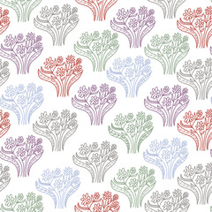 Multicolored line flowers. Cute seamless pattern doodle. Texture, textiles, children wallpaper.