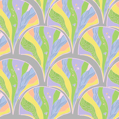 Multicolored stained glass window with flowers. Cute seamless pattern with pink lines doodle. Texture, textiles, children wallpaper.