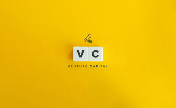 Venture Capital (VC) banner and icon. Block letters on bright orange background.