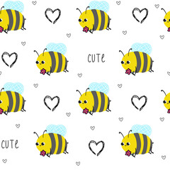 Cute doodle baby bee text white seamless pattern minimalist hand drawn hearts. Summer texture, insect textiles, children wallpaper.