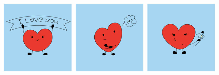 Set of heart shapes emoticons isolated on blue background . Heart in love. Funny cartoon character of emoji hearts. Cute heart confesses its love, heart brooding. Happy Valentine's day, vector card.
