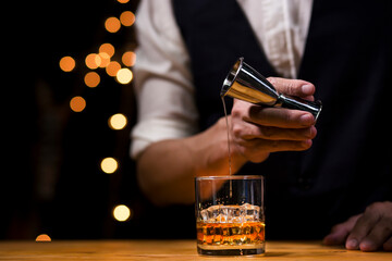 Bartender Serve Whiskey, on wood bar, 