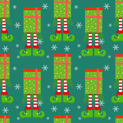 Seamless Christmas Pattern with Elf legs from gift box
