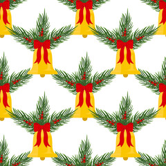 Seamless Christmas background with Christmas bell and coniferous branches