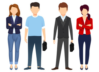 Business man and woman face less characters set team standing together and posing isolated on white background and holding bag