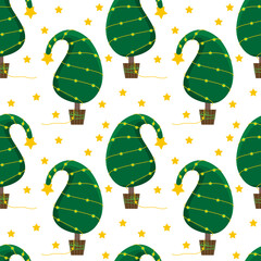 Seamless Christmas background with an unusual Christmas tree and a bright garland