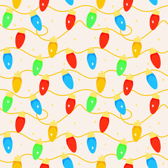 Seamless Christmas background with colorful garland of light bulbs