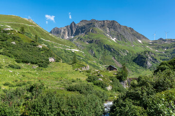Alpine landscape along the Nufenen Pass road near the Nufenen Pass