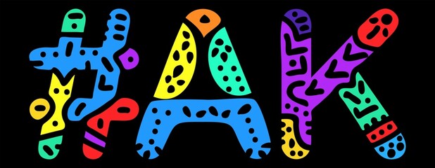 AK Hashtag. Multicolored bright isolate curves doodle letters. Hashtag #AK is abbreviation for the US American state Alaska for social network, web resources, mobile apps.