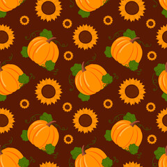 Seamless pattern with orange pumpkins and sunflowers on brown background. Flat vector illustration.