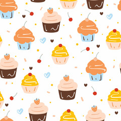 Seamless pattern cute cartoon of cupcake. pastel color wallpaper, for fabric print and scarf