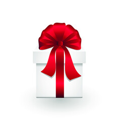 White box closed, present with a scarlet bow on the lid. Vector illustration, realistic design, eps 10.