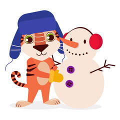 Fototapeta premium Сute tiger in a hat with earflaps sculpts a snowman. Vector graphic.