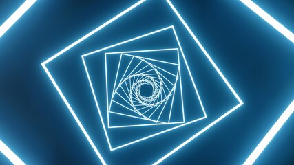 Abstract geometric pattern of glowing blue neon squares in dark background 3d rendering