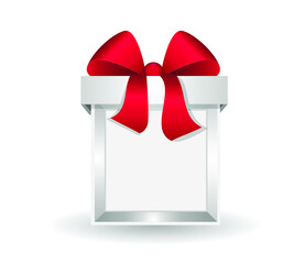 Gift in a box with a scarlet bow. The box is open, empty. Place to insert. Vector illustration, realistic volumetric design, eps10.