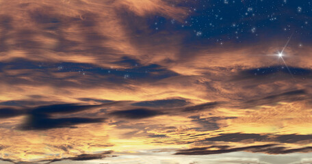 Sunset. Clouds and sky. Clean Air. Starry sky. Blue background. Sun rays