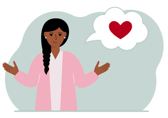 Happy woman thinks about love. In the balloon of thought is a red heart. Vector