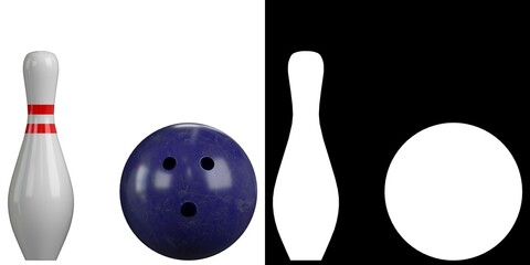 3D rendering illustration of a bowling ball and a pin