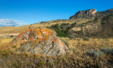 Arid landscape with boulders, grasses, and foothills of Rockies